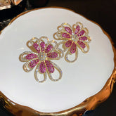Dazzling Pink & Gold Rhinestone Flower Earrings - Statement Floral Jewelry